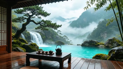 高山云雾瀑布雨景