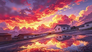 暮霞丝雨小镇