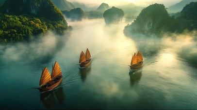 清澈迷雾海面帆船