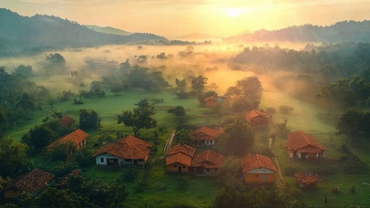 俯瞰日出晨雾乡村