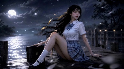 月夜湖畔少女