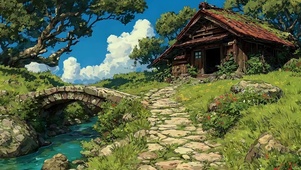 白云树木房屋景色