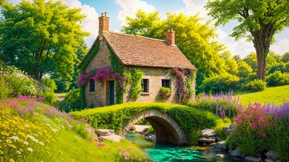 夏日小桥流水小屋