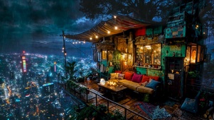 科幻雨夜城市小屋