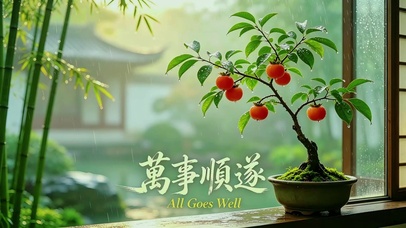 雨中小柿子树