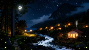 夜景房屋树木河流