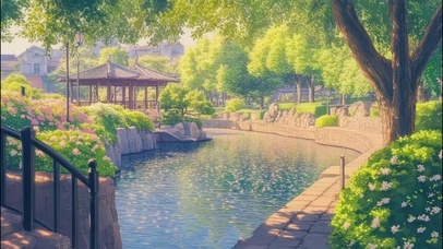 朦胧夏日阳光河岸古亭