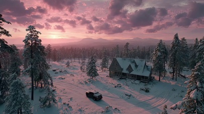 粉色朝霞雪山小屋