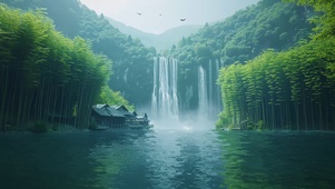 中国风山水瀑布竹林