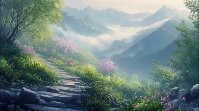 山间朦胧春日踏青小路