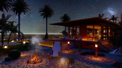 夜晚海滩别墅篝火