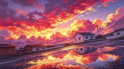 暮霞丝雨小镇
