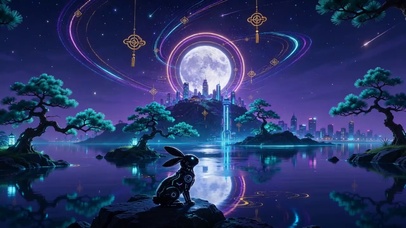 赛博霓虹中秋月圆夜