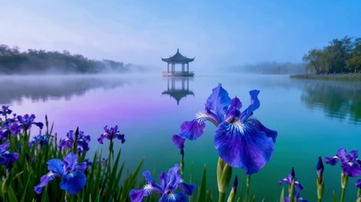 雾锁湖山鸢尾花古风亭美景