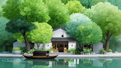 唯美绿色树下小屋