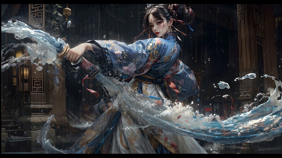 雨夜中式古建街巷中，一名盘发古风女子身着蓝底绣粉花汉服，手持带水花特效的刀剑，周围点缀飘落的白色碎花，街巷立有木柱与红灯笼。