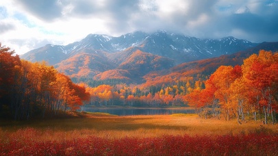 彩色枫林高山湖泊