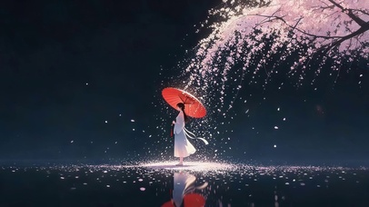 唯美樱花树雨女孩