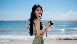 海边拍照的清纯美女