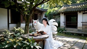 古宅小院看书的狐仙美女