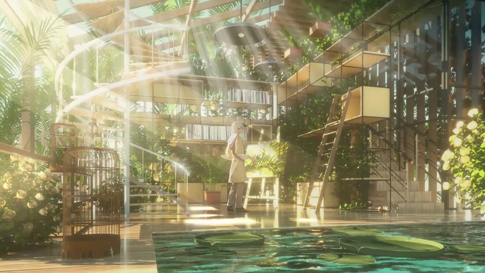 日系动漫风绿植花房室内场景，阳光洒落，水池浮有荷叶，人物站在暖光中