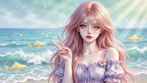 海边粉发甜美美少女