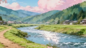 唯美治愈樱花树木房屋河流双屏