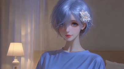 暖灯下的蓝发少女