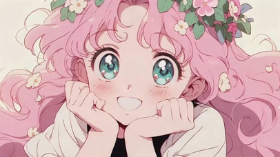 粉发托腮动漫插画女孩