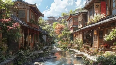 晴天溪流两岸古城建筑