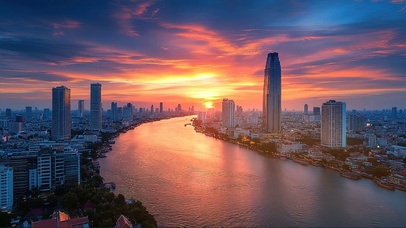 落日晚霞城市河流