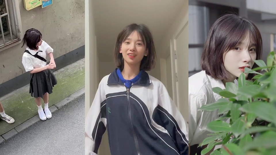 三段拼接实拍，呈现同一位短发少女的三组日常穿搭场景