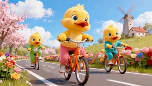 春日一群小鸭子骑自行车春游