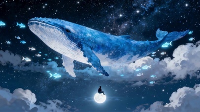 唯美梦幻星河下的巨型鲸鱼游荡