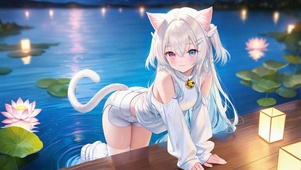 夜晚河畔猫耳白发美少女