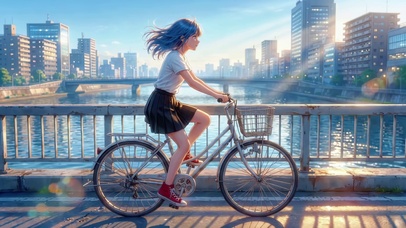 河畔骑行的少女