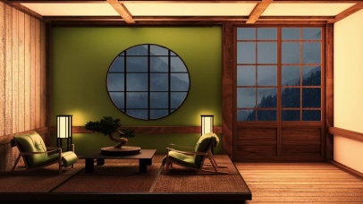 日式和风榻榻米窗外风雨