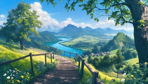 白云树木河流绿景山川