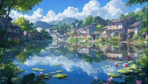 晴天治愈古城池塘倒影