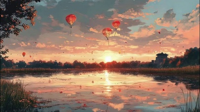 夕阳湖畔唯美热气球