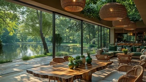 夏日湖岸林间屋