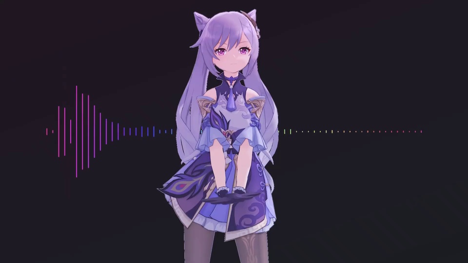 深黑背景中，紫发带猫耳的二次元少女居中，身侧配有渐变彩色声波条