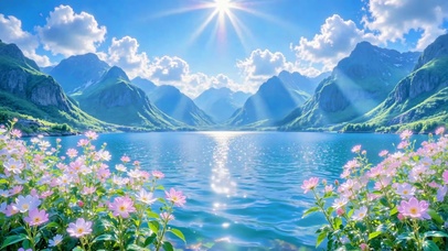 阳光洒落的山间湖泊