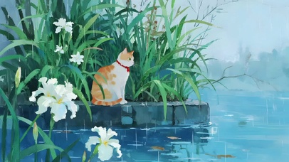 湖边淋雨的猫咪