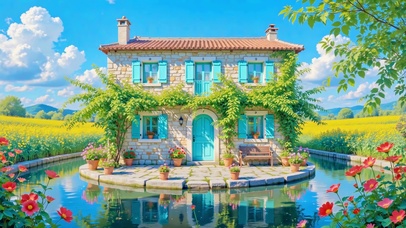 护眼夏日花田边的石屋小筑