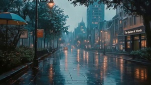 雨夜傍晚城市清冷街道