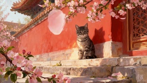 红墙桃花树下田园猫享受风的温度