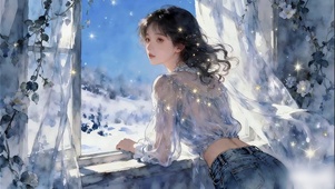 趴窗看雪的少女