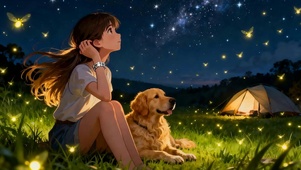夜景女孩与萌宠狗