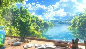 护眼蓝天白云树木绿景带鱼屏